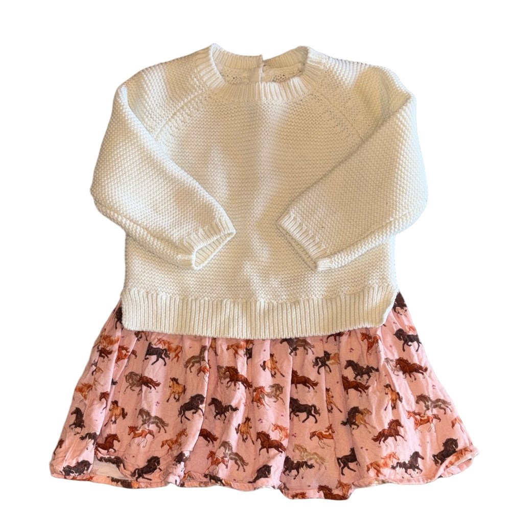 Hatley Toddler Girls Sweater Dress 12-18M Cream Knit Pink Horse Prin